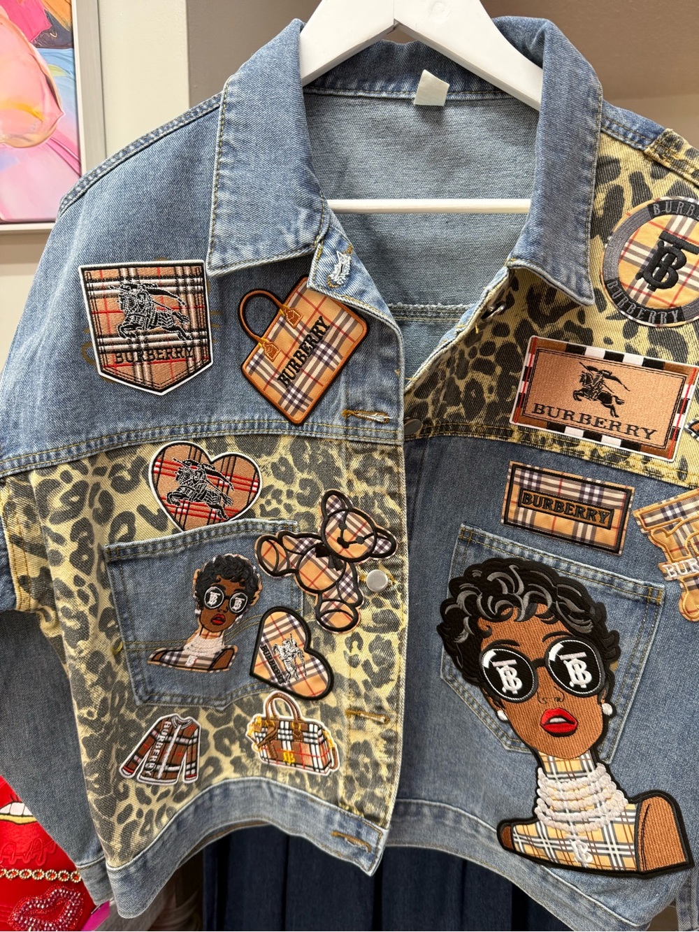 New Patchwork Denim Jacket with Blue Denim, Leopard and Plaid Accents